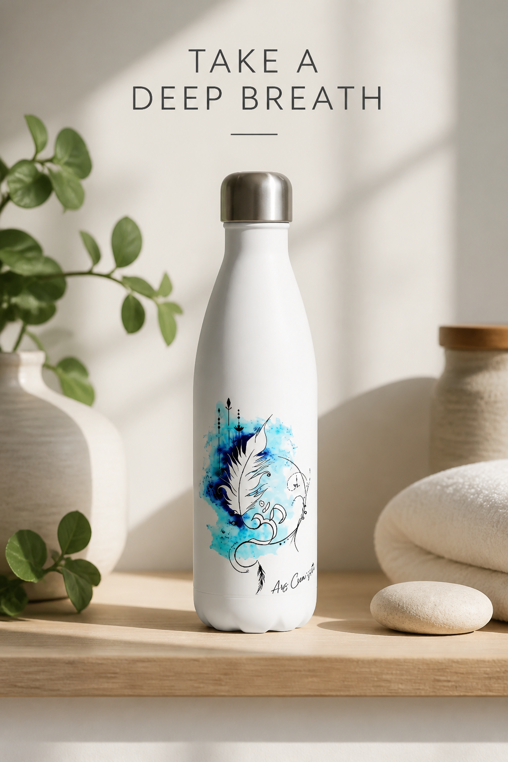 Bílá nerezová láhev na vodu (cca 500 ml) Feather of Inspiration